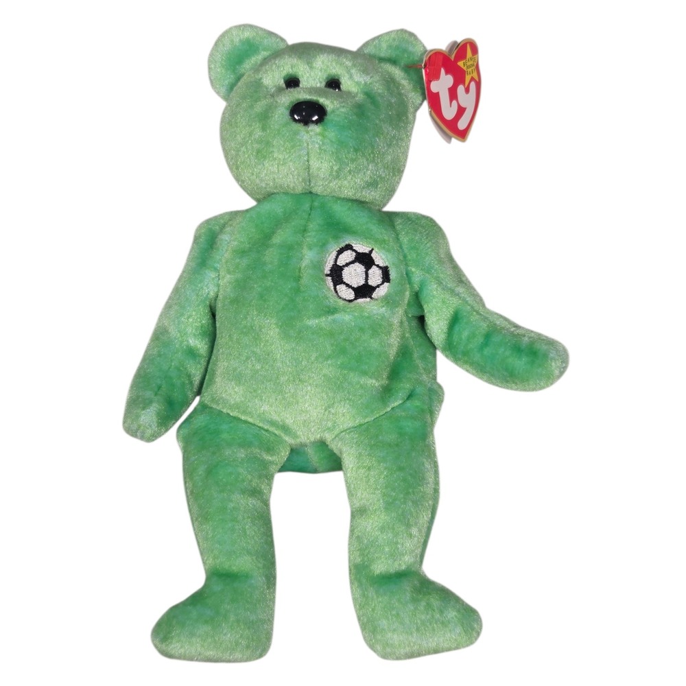 Ty Beanie Baby Kicks Bear Plush Green Soccer Ball 1998 Vintage Toy Collectible